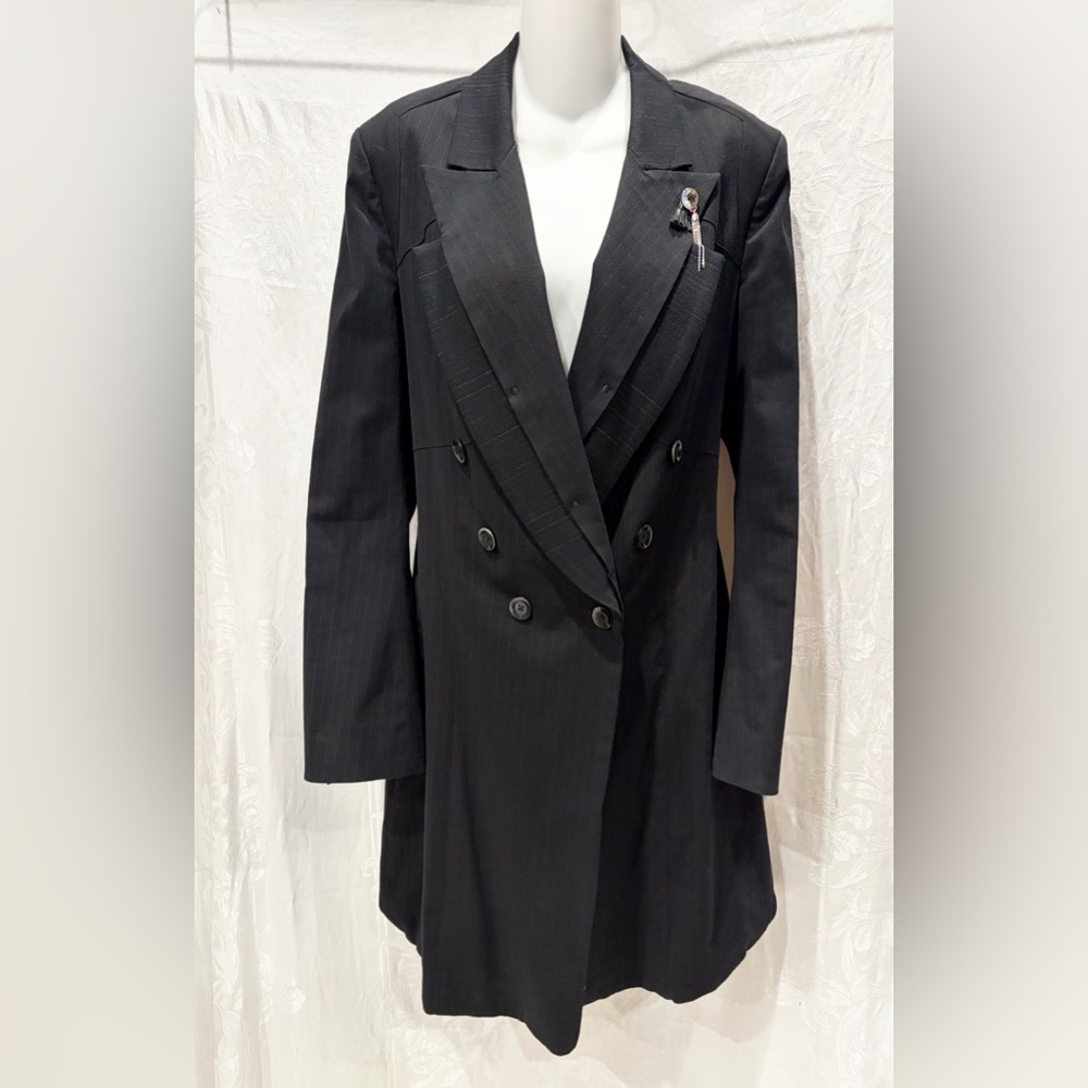 HIGH Black Embellished Stretch Pinstripe Coat 10 $800